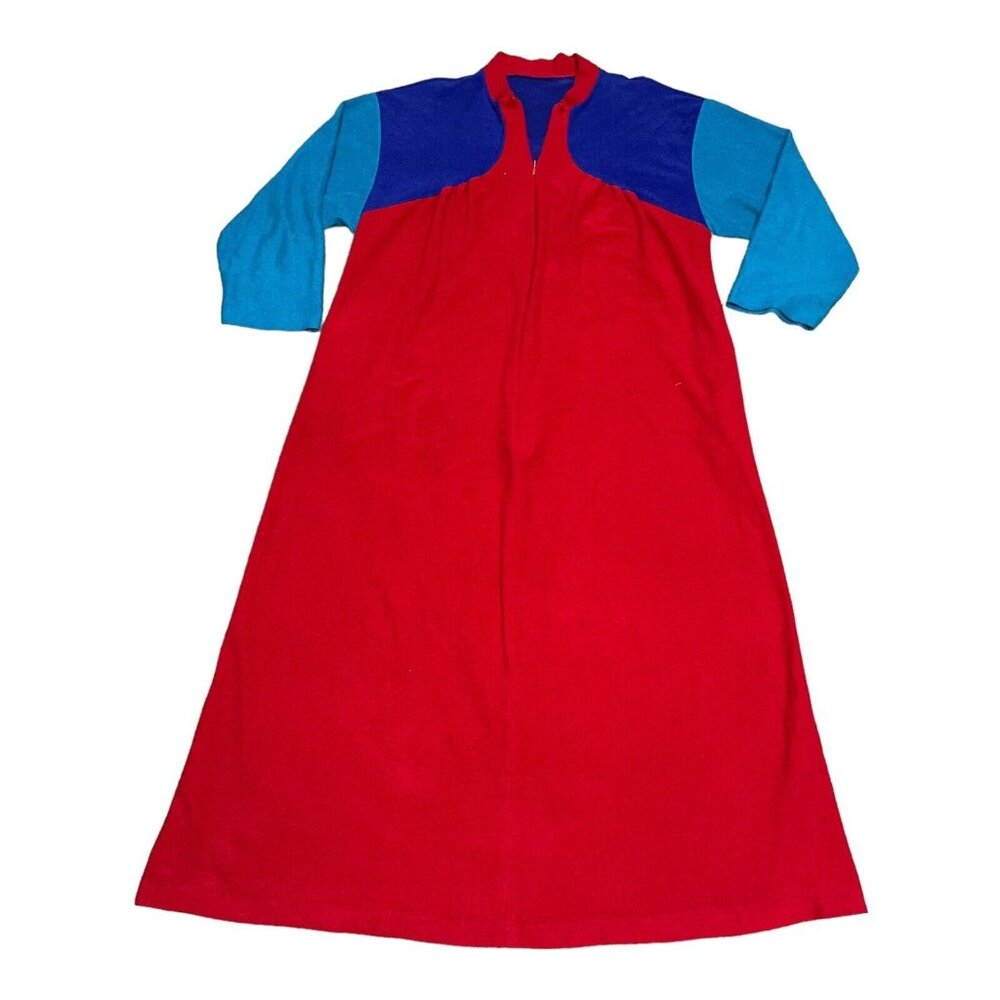 Vanity Fair Color Block Red Blue Robe Nightgown House Coat Vintage M Grandma